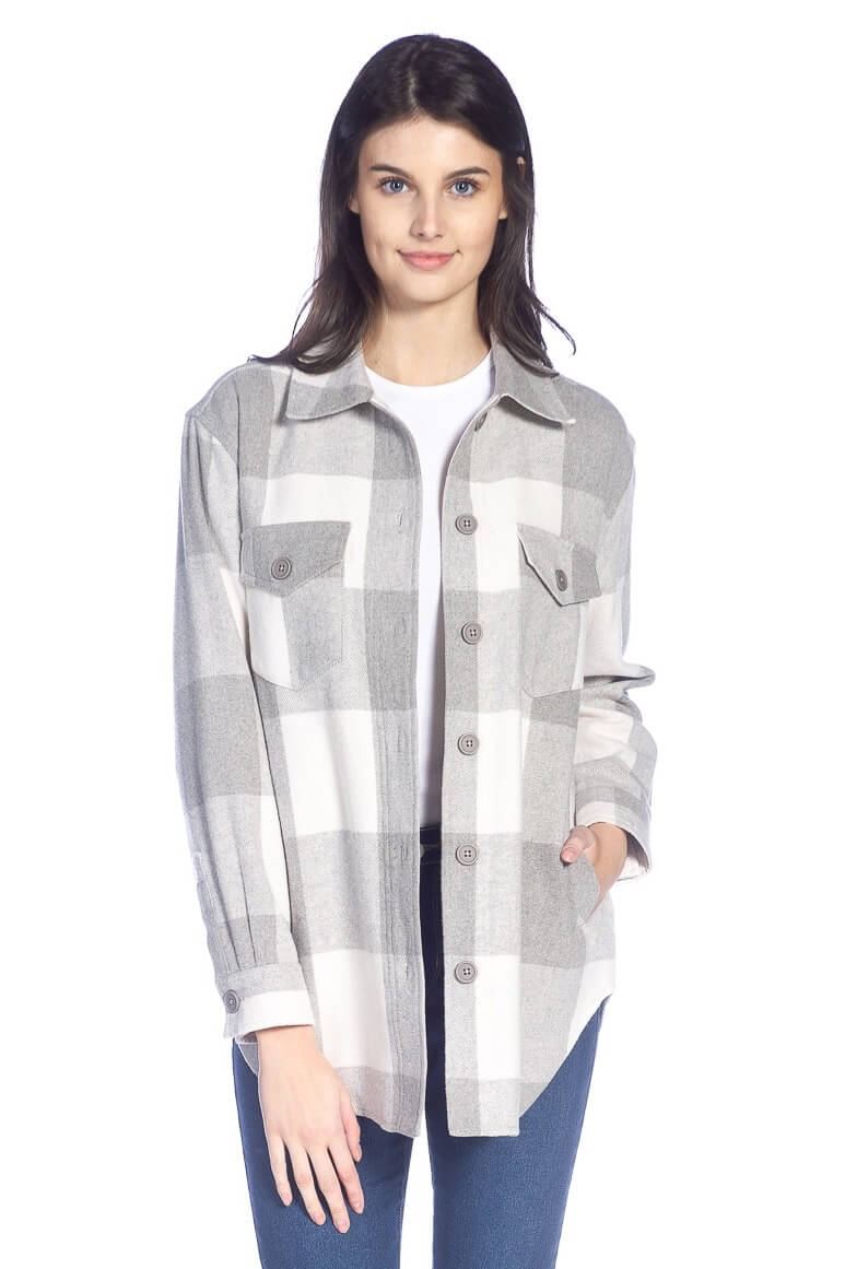 Buffalo Check Long Sleeve Button Front Shirt Jacket with Pockets - DKR ...