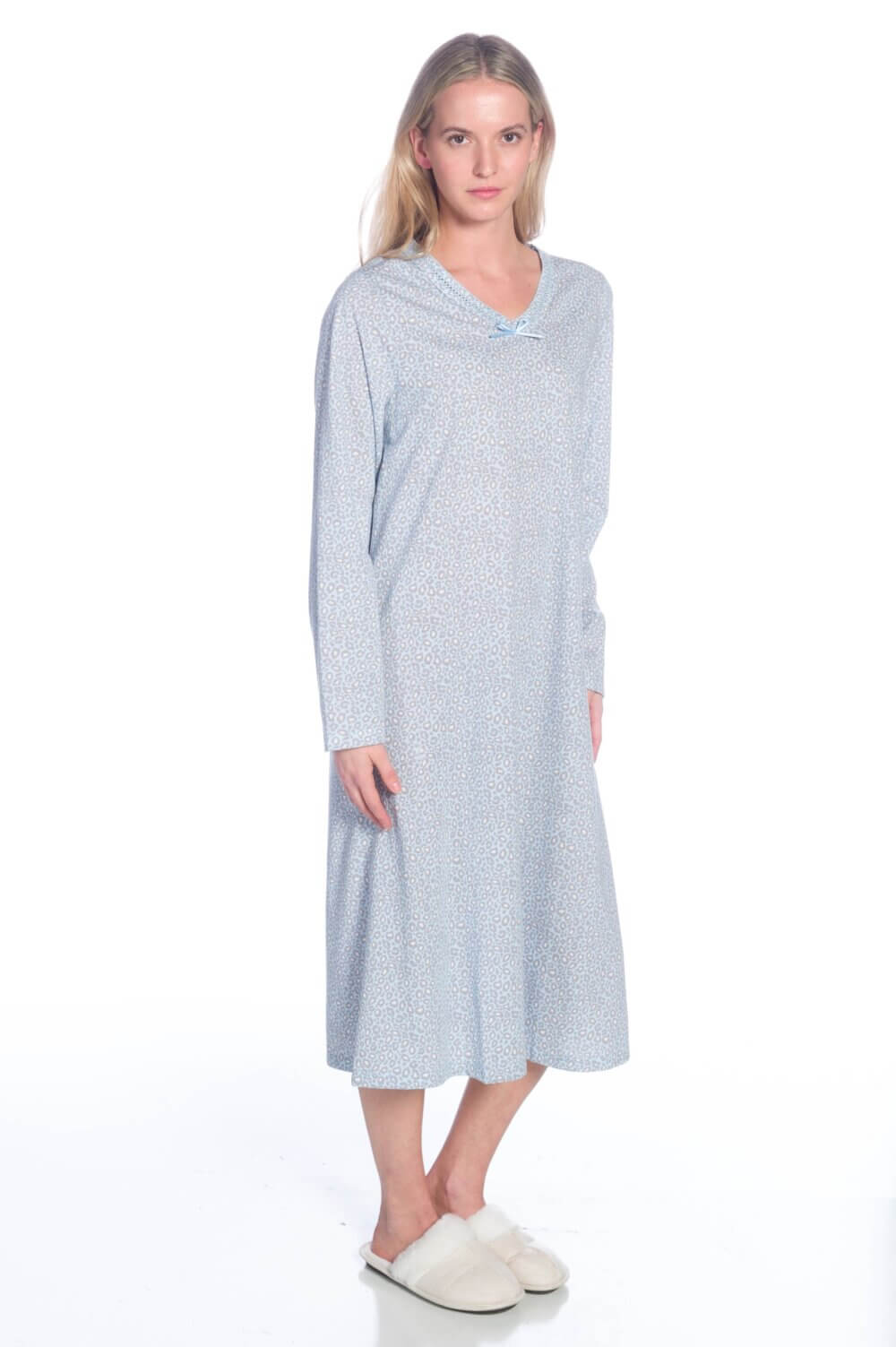 Long Sleeve Printed V-Neck Nightgown with Bow Detail - Image 3