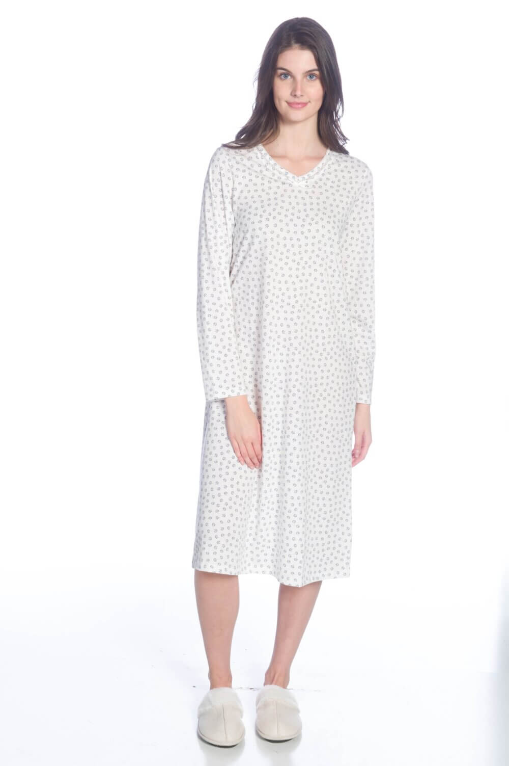 Long Sleeve Printed V-Neck Nightgown with Bow Detail