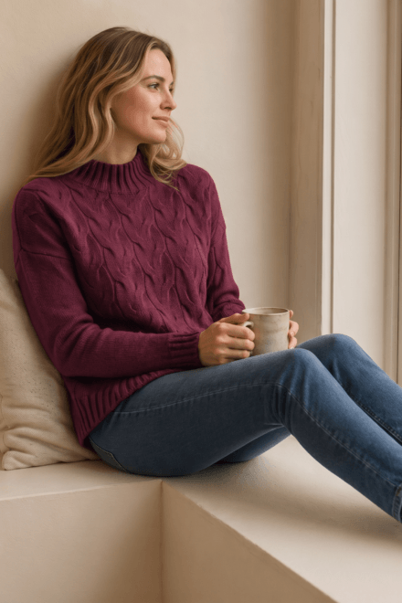 Long Sleeve Mock Neck Sweater with Cable Details on Front Body