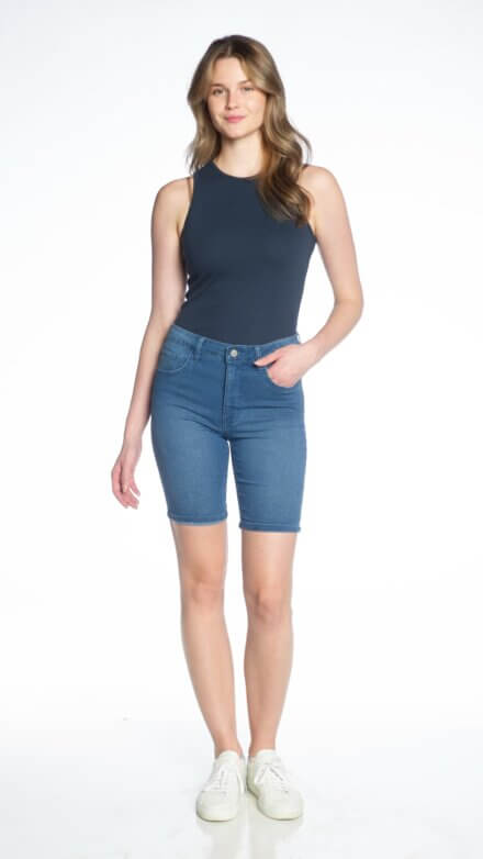 Stretch Denim Short with Tummy Tuck Control and Roll-Up Cuff