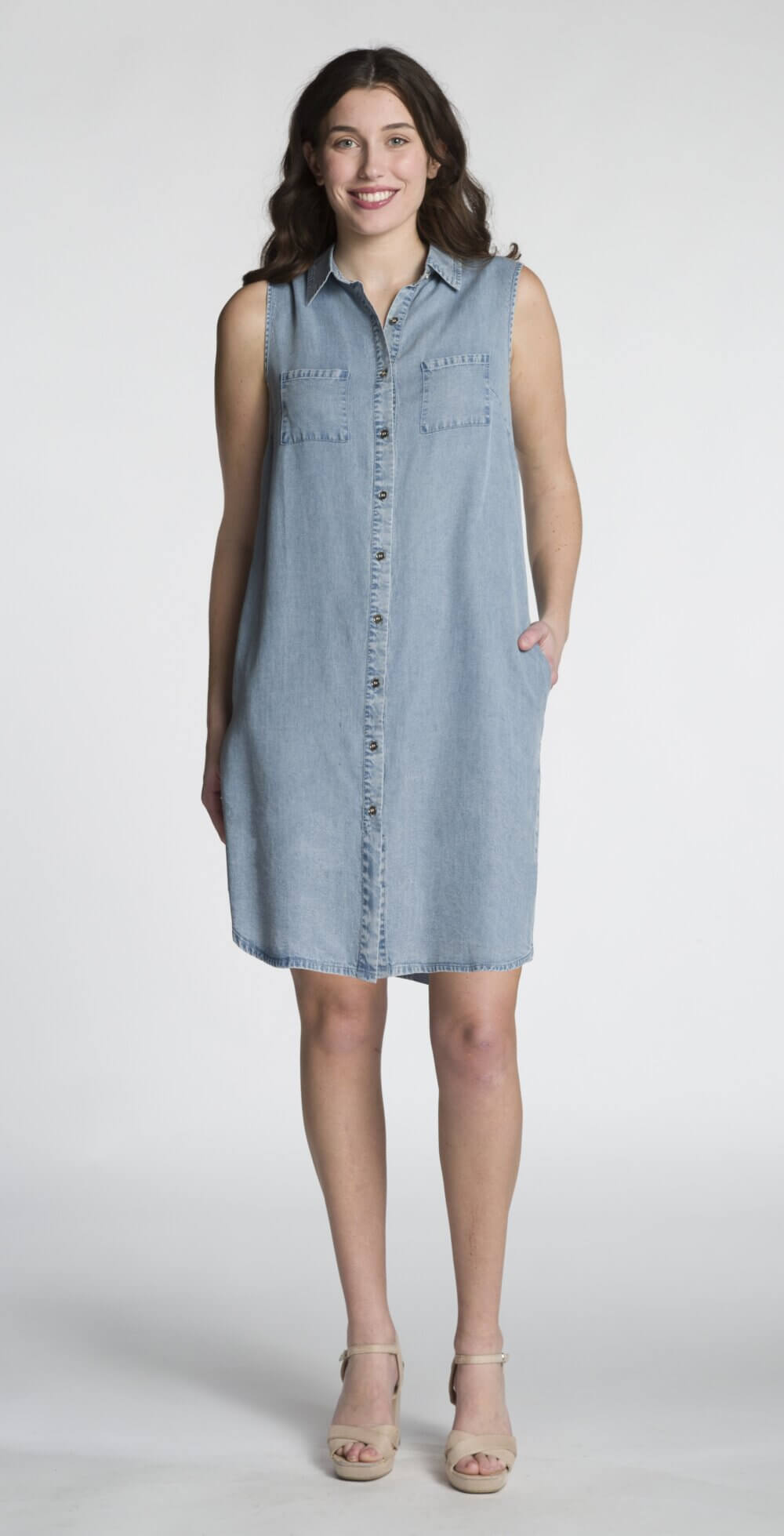 Sleeveless Button Front Shirt Dress with Chest and Side Pockets