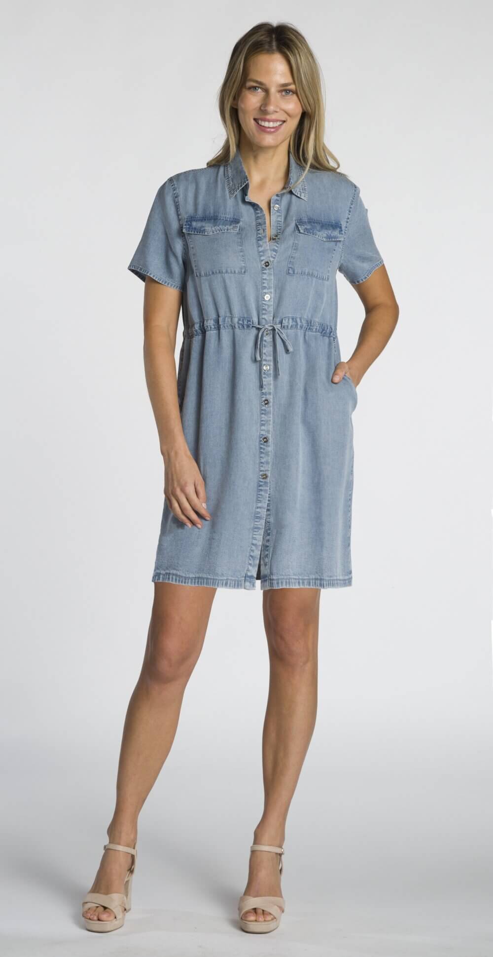 Short Sleeve Button Front Dress with Pockets and Waist Drawstring