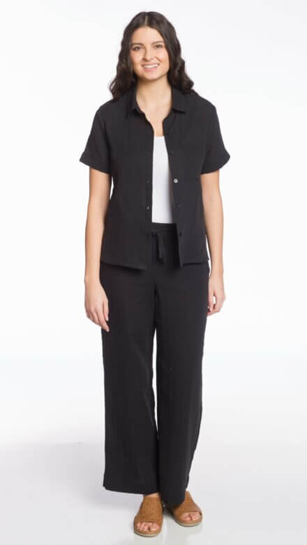 Short Sleeve Button Front Blouse with Chest Pocket