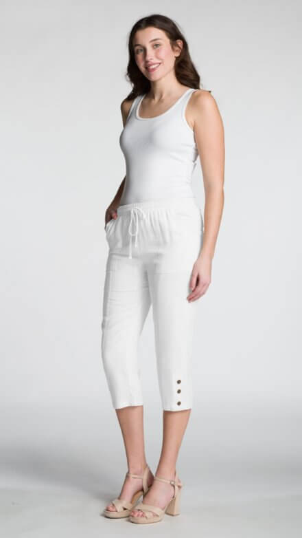 Straight Leg Capri with Button Details, Elastic Waist, Drawstring and Pockets