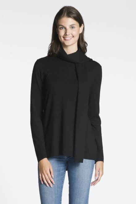 Long Sleeve Crew Neck Sweater with High-Low Hemline and Matching Scarf