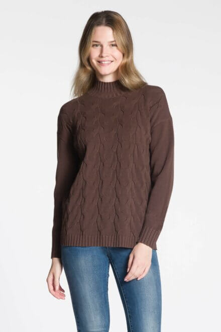 Long Sleeve Mock Neck Sweater with Cable Details on Front Body