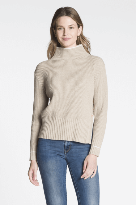 Two Tone Long Sleeve Mock Neck Sweater with 3 Button Side Slit Detail