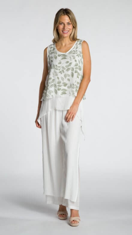 Printed Sleeveless Round Neck Layered Tunic Top with Asymmetrical Hemline