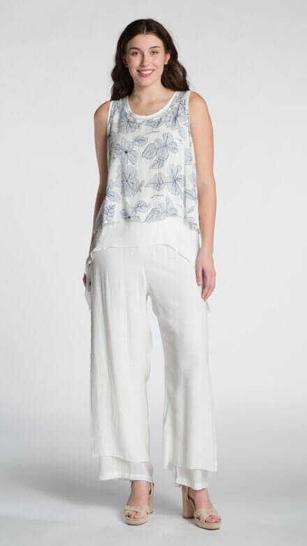 Printed Sleeveless Round Neck Layered Tunic Top with Asymmetrical Hemline