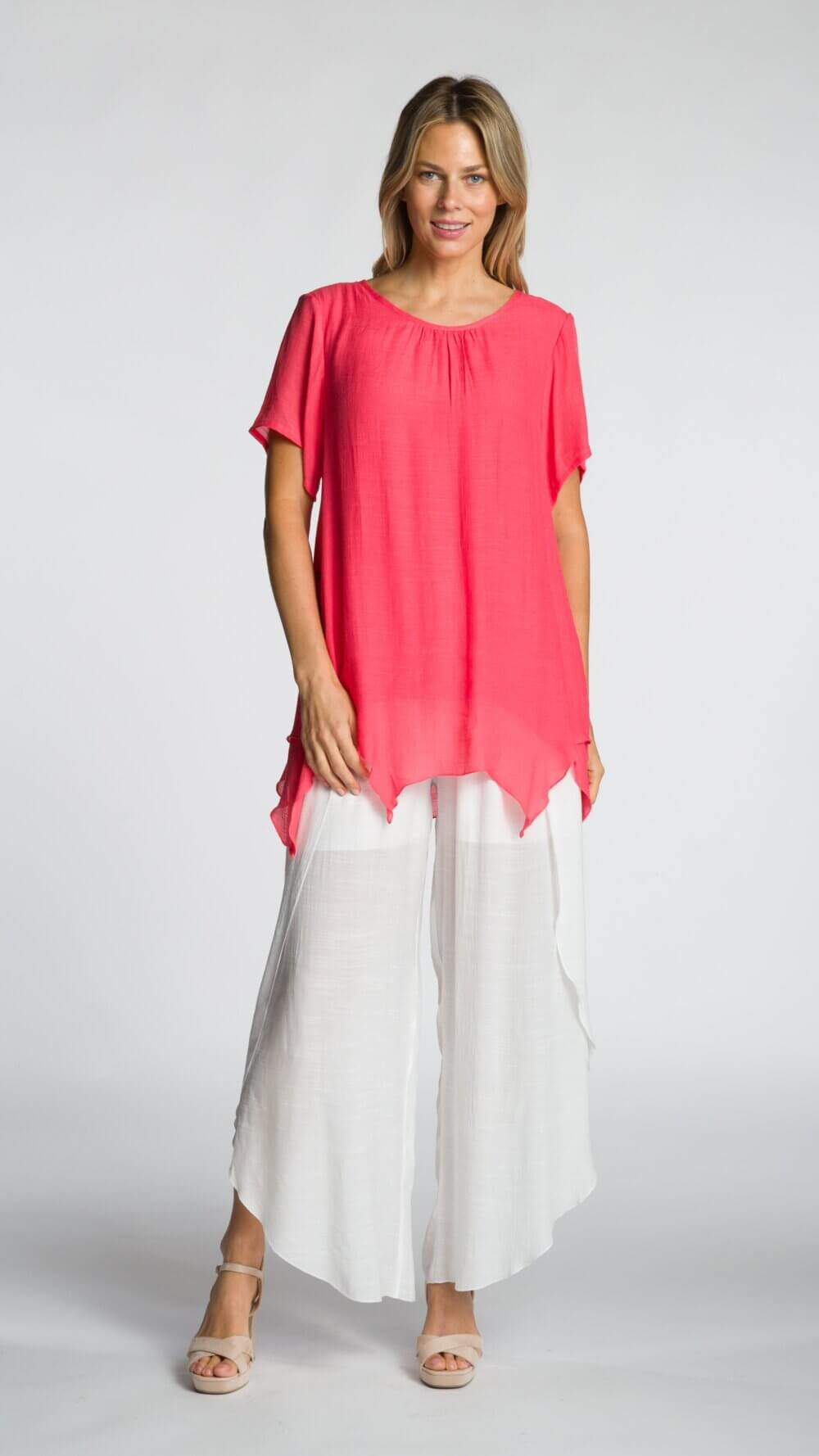 Short Sleeve Round Neck Layered Top with Button Detail