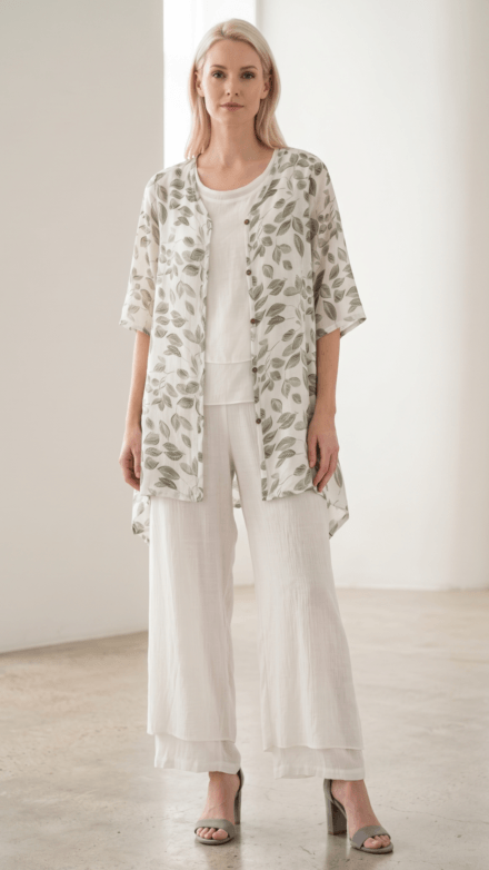 Printed 3/4 Sleeve V-Neck Button Front Cardigan with Asymmetrical Hemline