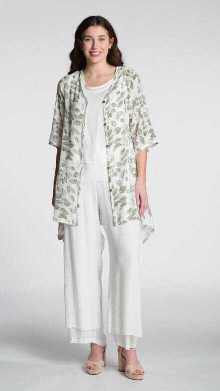 Printed 3/4 Sleeve V-Neck Button Front Cardigan with Asymmetrical Hemline