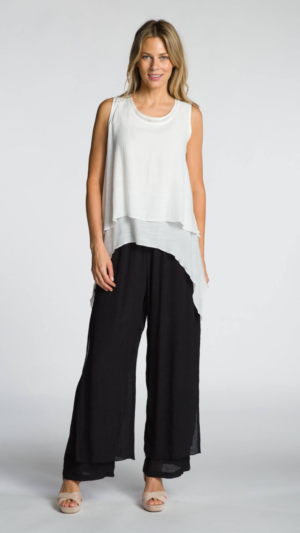 Loose Fit Wide Leg Layered Pant with Side Slits and Button Detail - Image 2