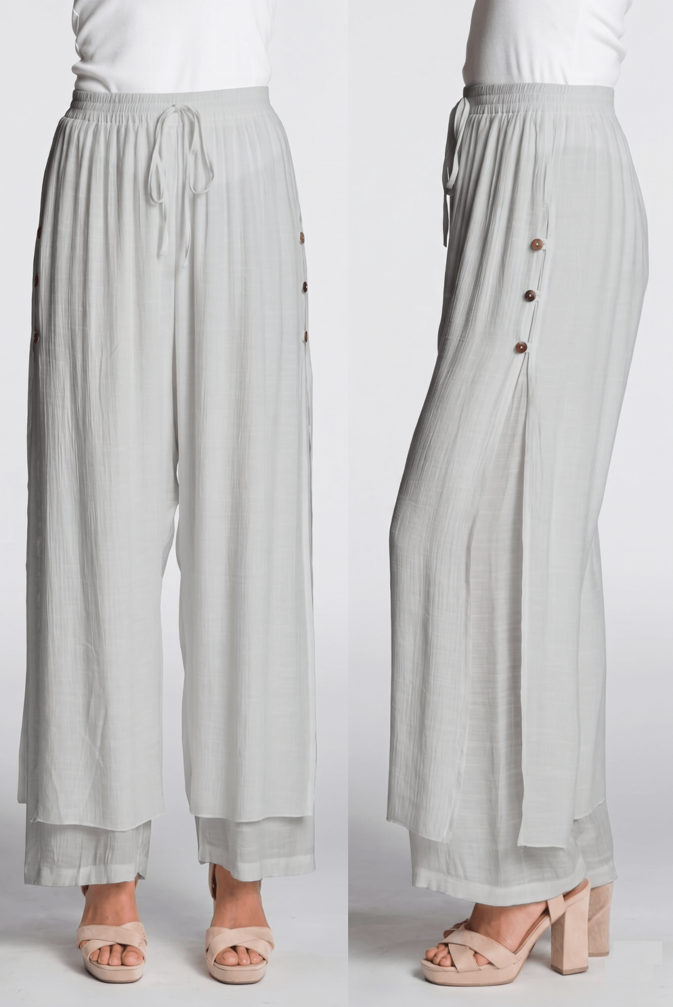 Loose Fit Wide Leg Layered Pant with Side Slits and Button Detail - Image 2