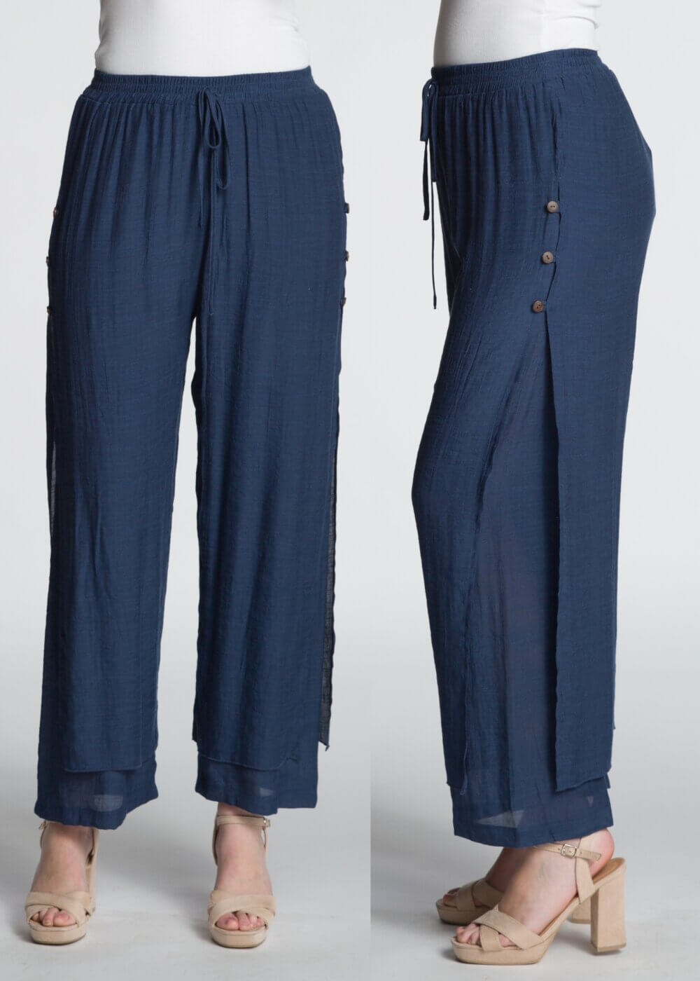 Loose Fit Wide Leg Layered Pant with Side Slits and Button Detail - Image 4