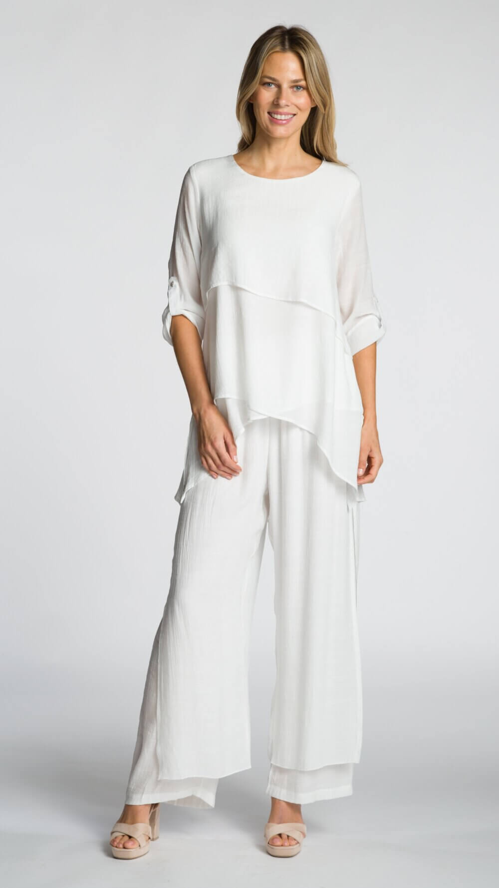 Loose Fit Wide Leg Layered Pant with Side Slits and Button Detail