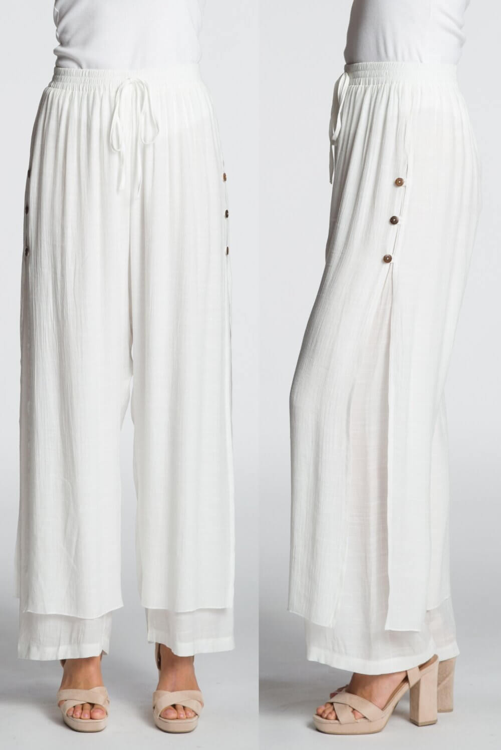 Loose Fit Wide Leg Layered Pant with Side Slits and Button Detail - Image 3