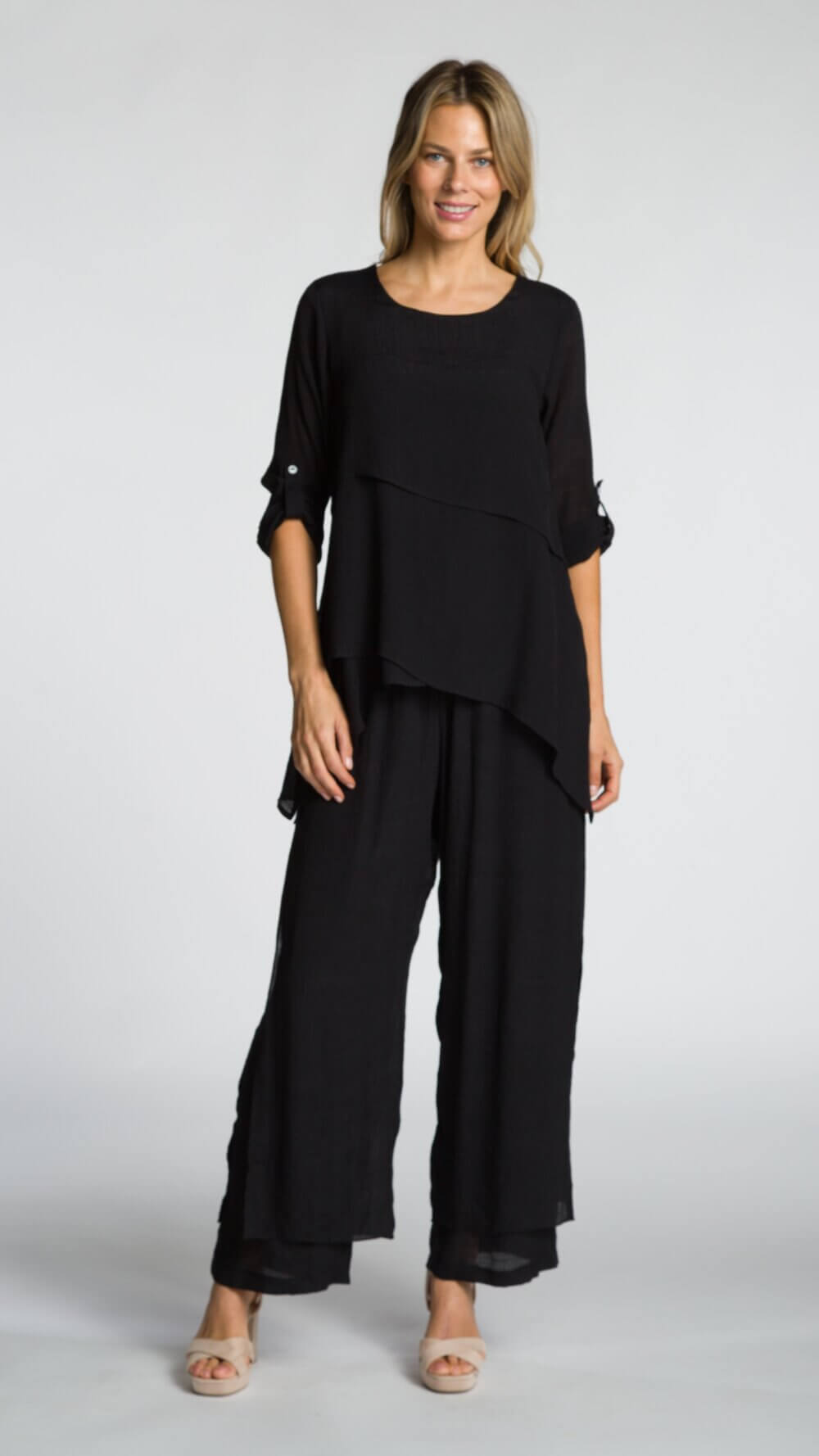 Roll Sleeve Scoop Neck Layered Blouse - Image 2