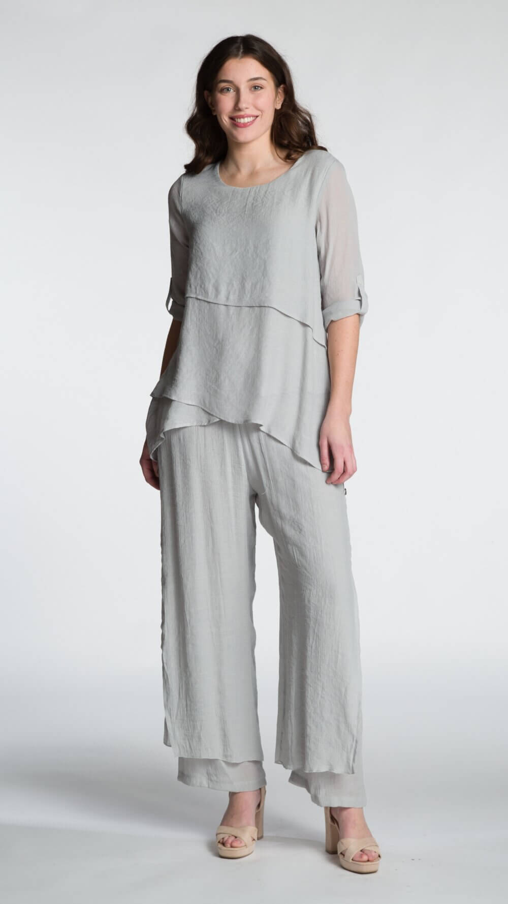 Loose Fit Wide Leg Layered Pant with Side Slits and Button Detail - Image 5