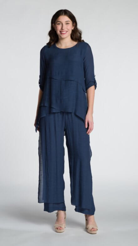 Loose Fit Wide Leg Layered Pant with Side Slits and Button Detail