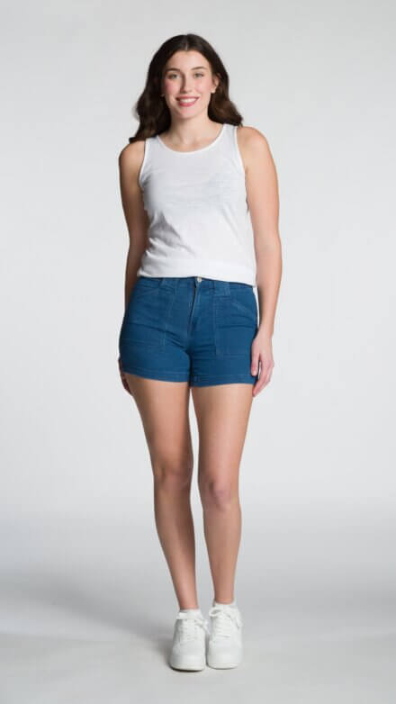 Stretch Denim Short with Tummy Tuck Control and Angled Pockets