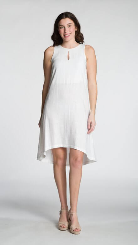 Sleeveless Crew Neck Midi Dress with Keyhole Neckline and High-Low Hem Design