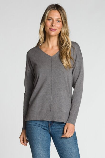 Long Sleeve V-Neck Sweater with Front Centre Seam and High-Low Hem Design