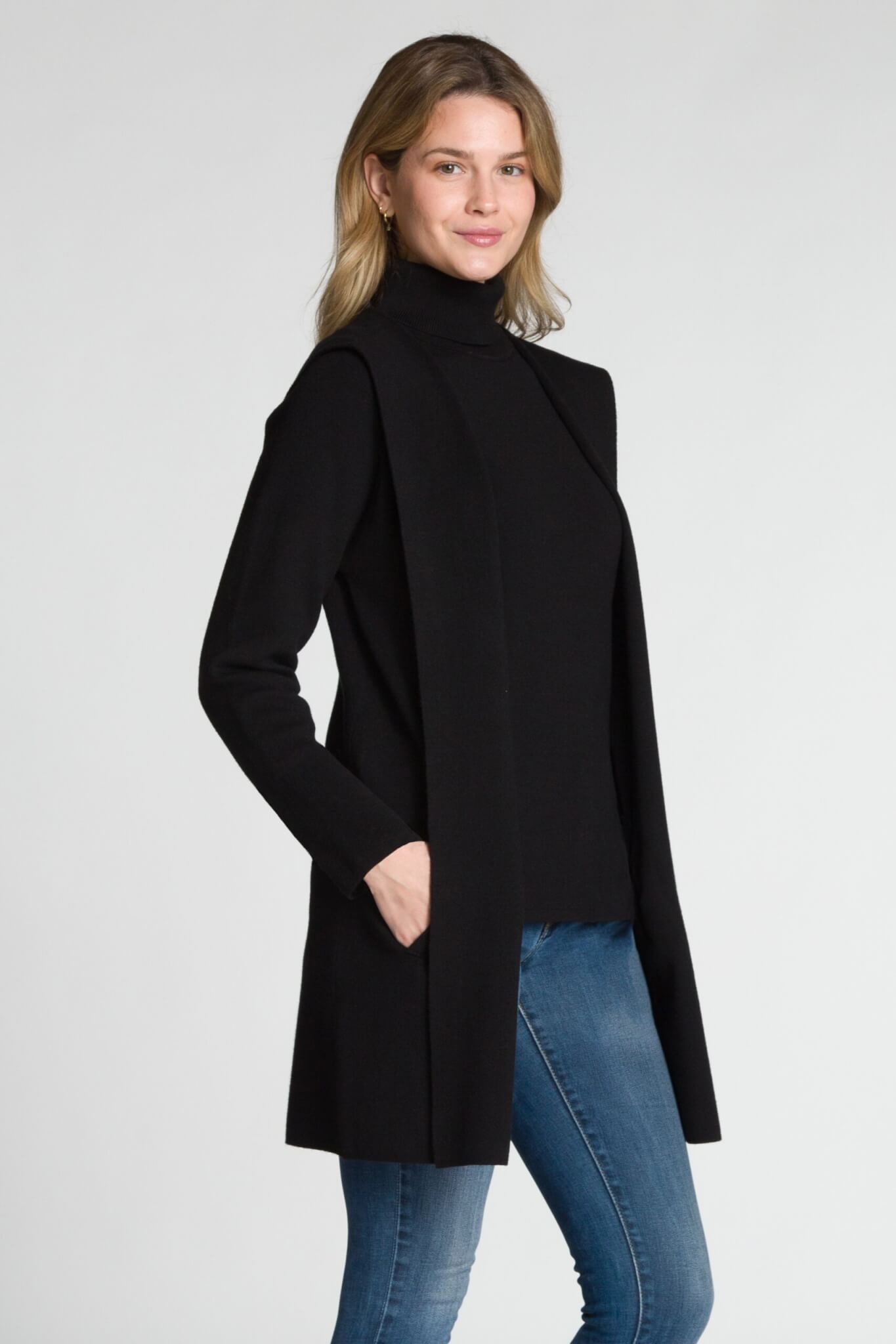 Long Sleeve Hooded Open Cardigan with Centre Back Seam and Angled Welt Pockets - Image 2