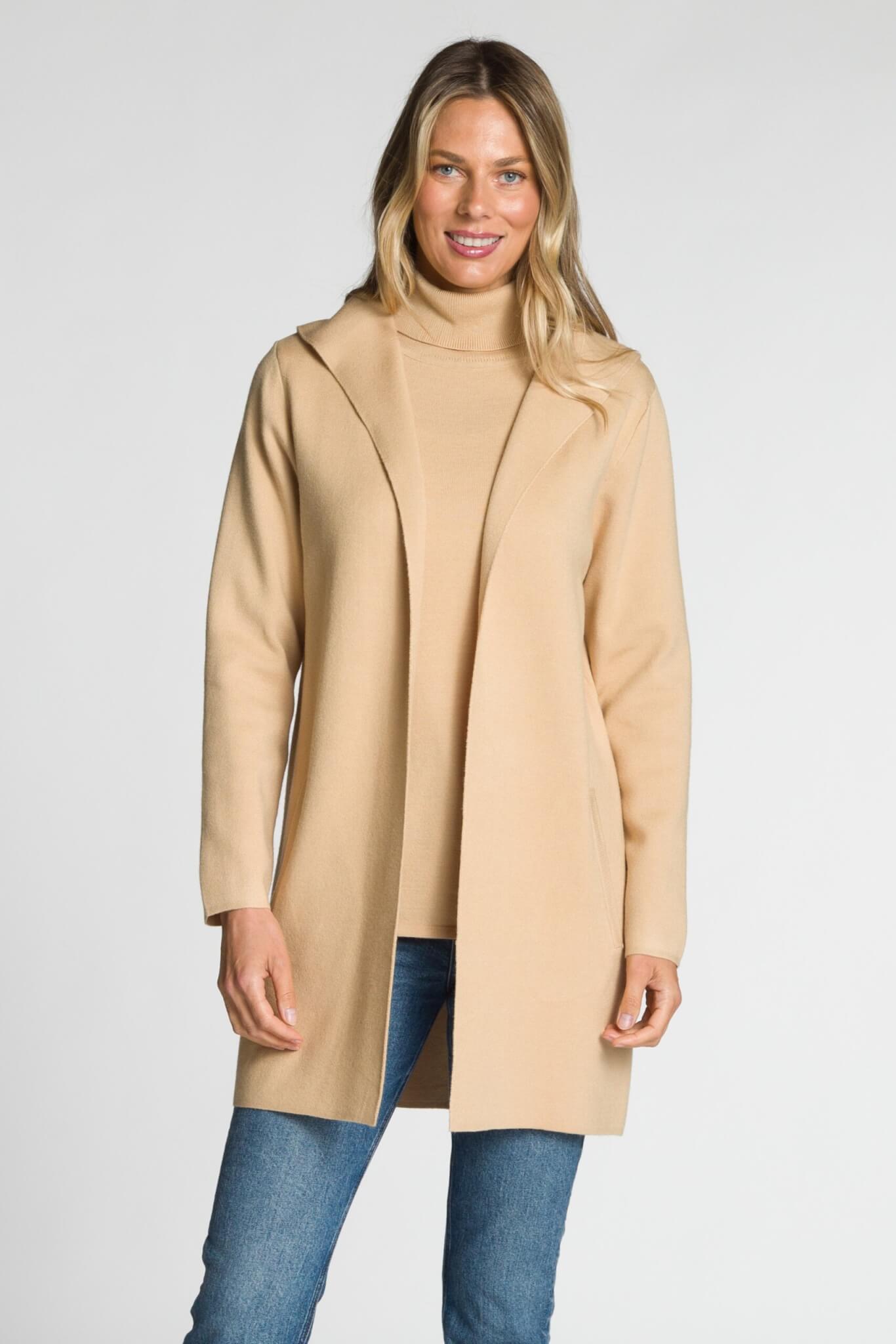 Long Sleeve Hooded Open Cardigan with Centre Back Seam and Angled Welt Pockets