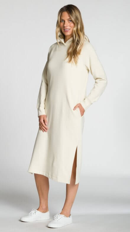 Long Sleeve Hooded Midi Dress with Side Slits and Pockets