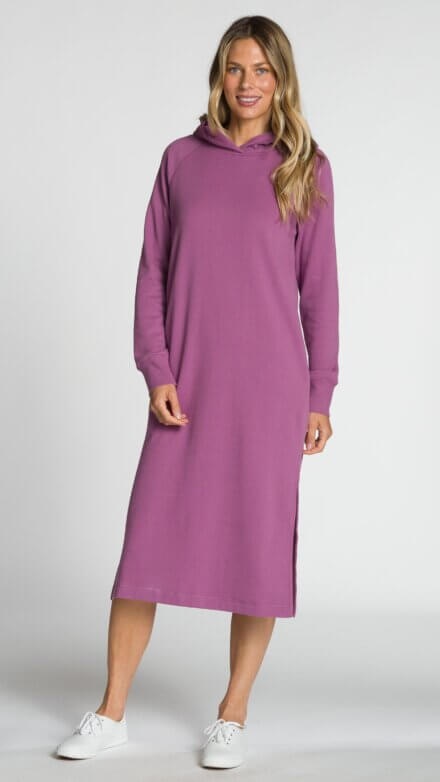 Long Sleeve Hooded Midi Dress with Side Slits and Pockets