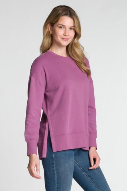 Long Sleeve Crew Neck Top with High-Low Hem and Side Slits