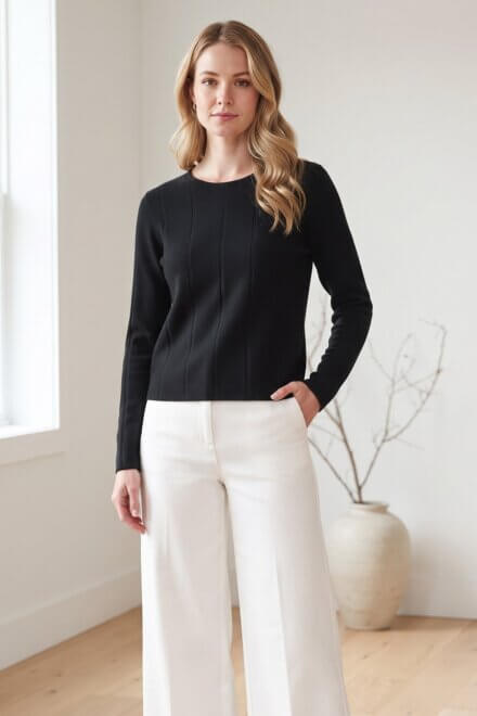 Long Sleeve Crew Neck Sweater with Needle Out Tone on Tone Stripe Detail