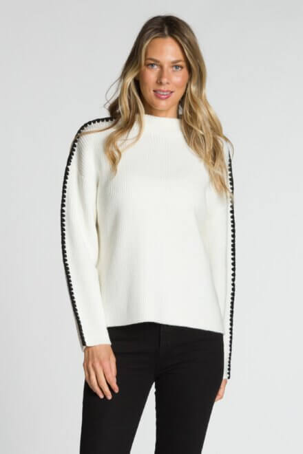 Long Sleeve Mock Neck Sweater with Contrast Crochet Detail on Sleeves