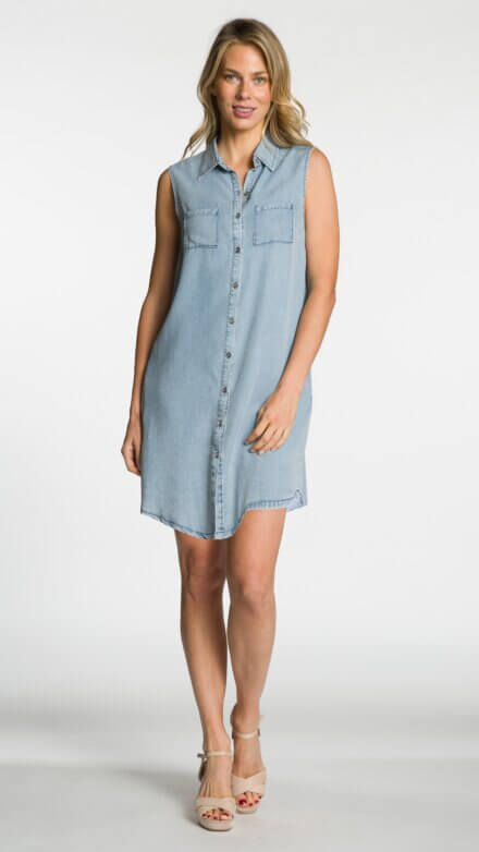 Sleeveless Button Front Shirt Dress with Chest and Side Pockets