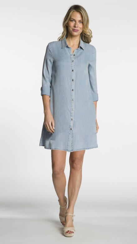 Long Sleeve Button Front Shirt Dress with Side Slits and Pockets