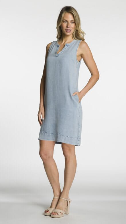 Sleeveless Dress with Notched “V” Neckline, Inverted Back Pleat and Pockets