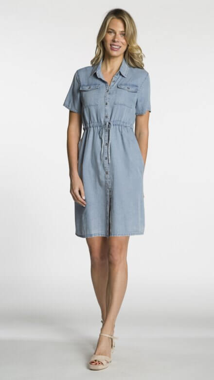 Short Sleeve Button Front Dress with Pockets and Waist Drawstring