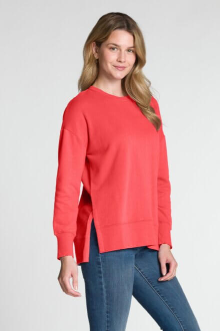 Long Sleeve Crew Neck Top with High-Low Hem and Side Slits