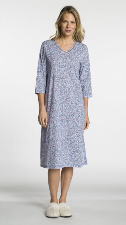 3/4 Sleeve Printed V-Neck Nightgown with Bow Detail