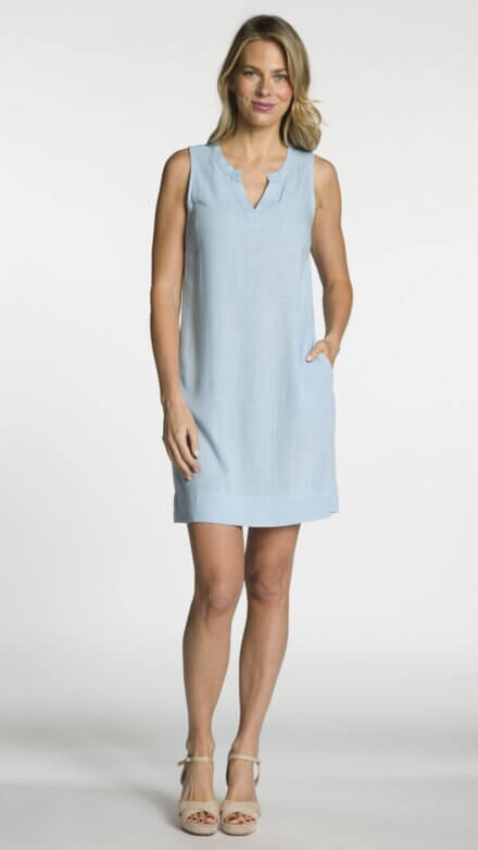 Sleeveless Dress with Notched “V” Neckline, Inverted Back Pleat and Pockets