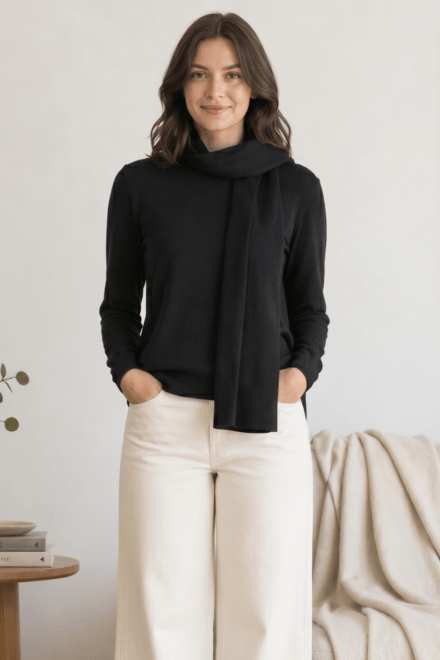 Long Sleeve Crew Neck Sweater with High-Low Hemline and Matching Scarf