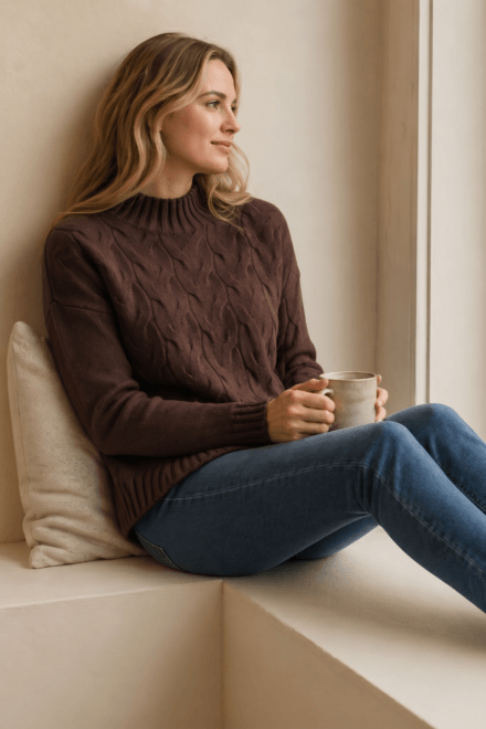 Long Sleeve Mock Neck Sweater with Cable Details on Front Body