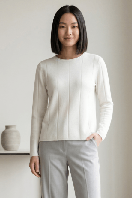 Long Sleeve Crew Neck Sweater with Needle Out Tone on Tone Stripe Detail