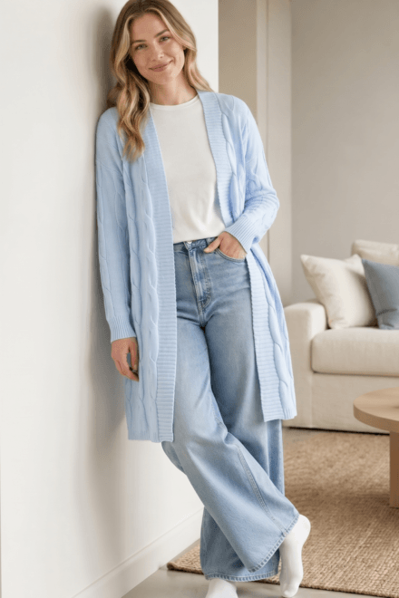 Long Body Open Cardigan with Front and Back Cable Detail