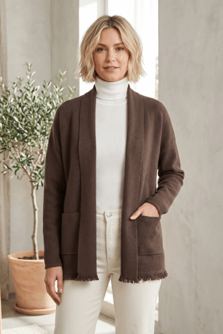 Long Sleeve Open Cardigan with Pockets and Frayed Hem Design