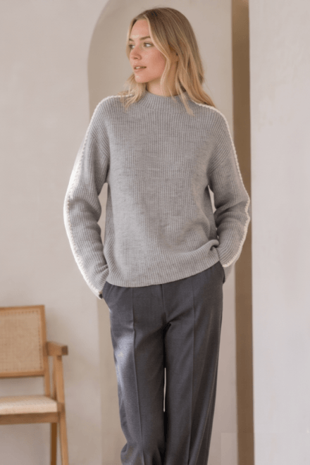 Long Sleeve Mock Neck Sweater with Contrast Crochet Detail on Sleeves