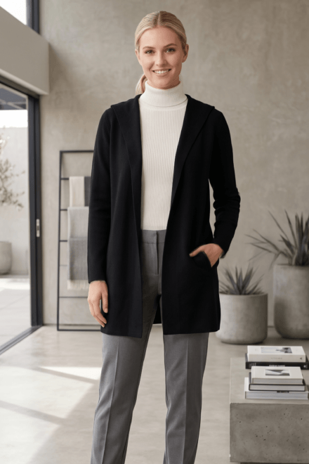 Long Sleeve Hooded Open Cardigan with Centre Back Seam and Angled Welt Pockets