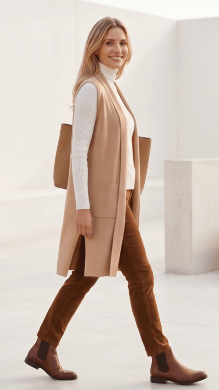 Sleeveless Long Vest with Side Slits and Patch Pockets